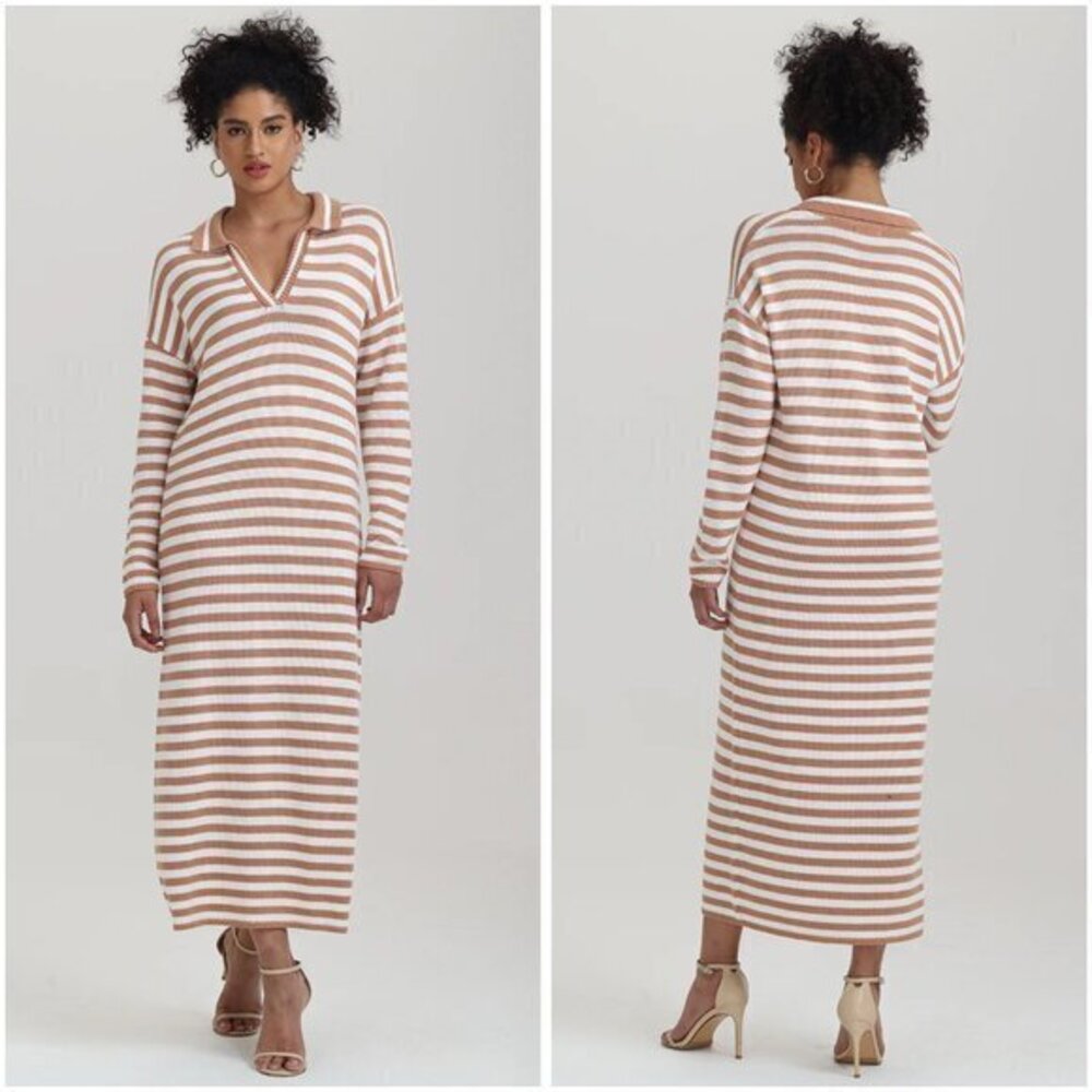 525 America Raya Stripe Polo Knit Sweater Dress in Walnut Multi Size M LIKE NEW